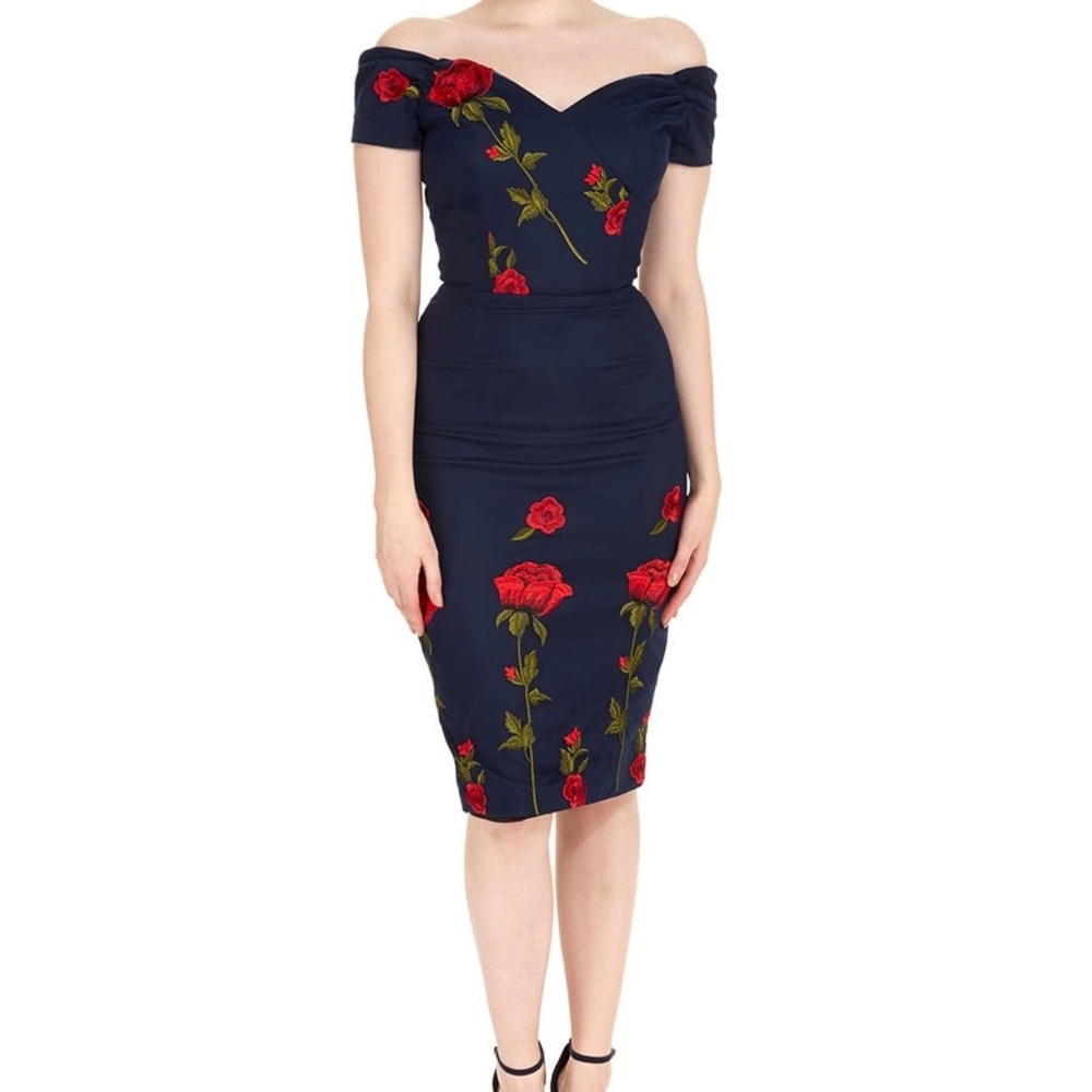 The pretty dress company midnight ( navy)  FATALE EMBROIDERED ROSE PENCIL DRESS